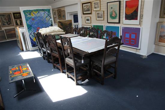 A large and impressive 17th century style oak refectory table, 11ft 6in. x 4ft, H.2ft 6in.